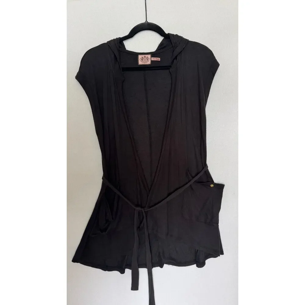 Late 2000s Y2K Juicy Couture Black Terry Hooded Cardigan Petite XS